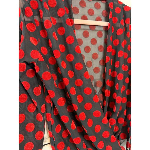 ZARA Black with Red Velvet Polka Dots Sz SM Blouse Sheer - Picture 4 of 4